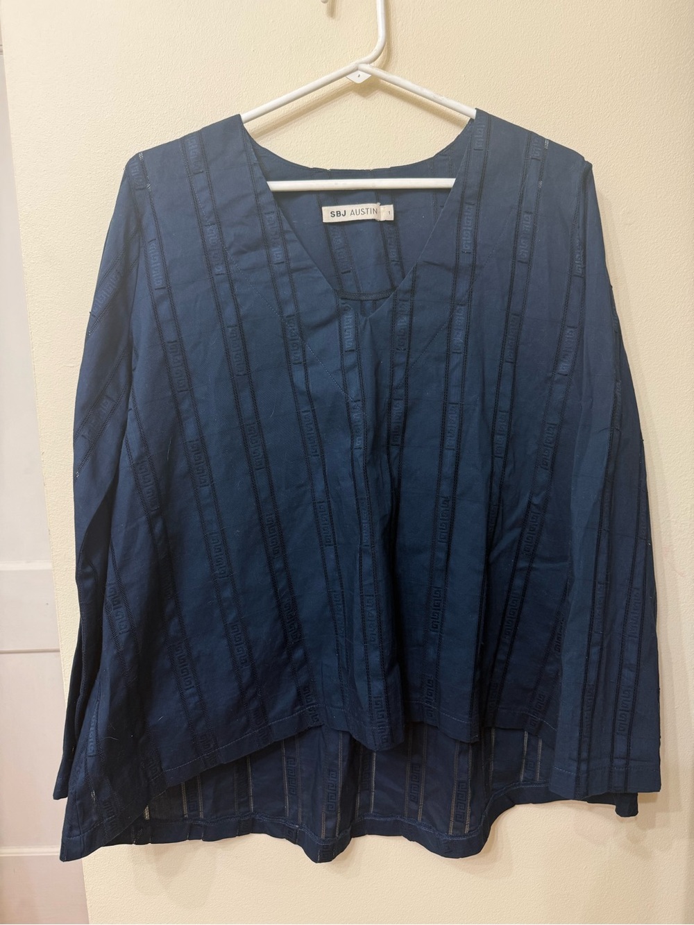 SBJ Austin S/M Designer Navy Long-Sleeve V-Neck Cotton Blouse Minimalist Modern